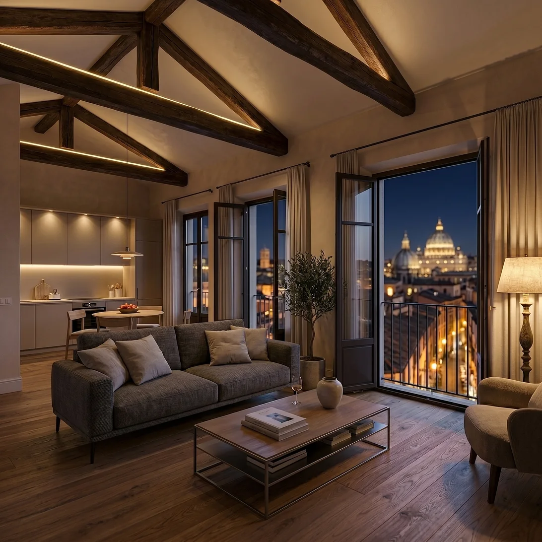 Render notturno attico ristrutturato a Roma con vista sulla cupola di San Pietro — Simone Zaganelli Architetto