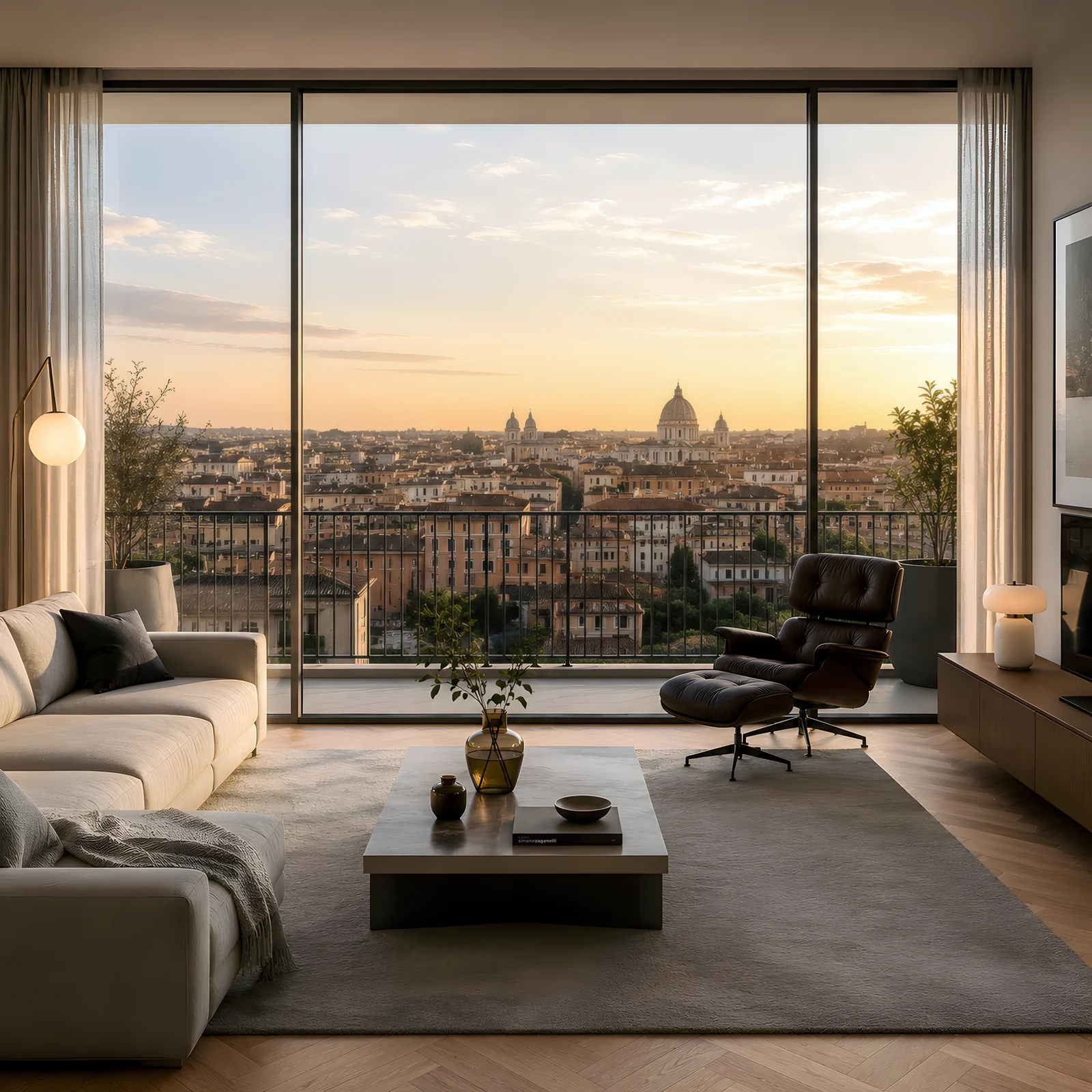 Render fotorealistico soggiorno con vista sui tetti di Roma al tramonto — Simone Zaganelli Architetto