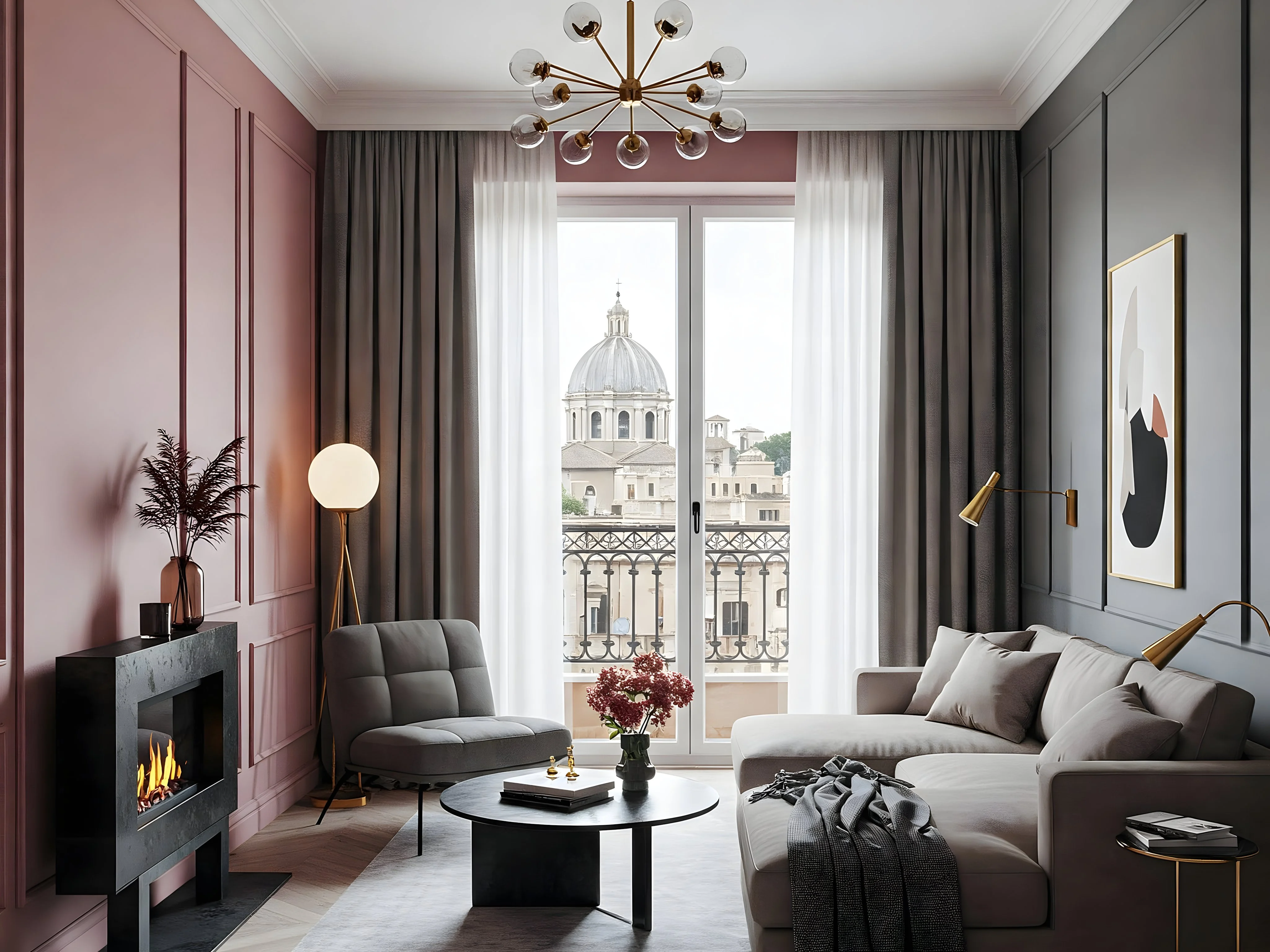 Render soggiorno residenziale Roma con vista cupola