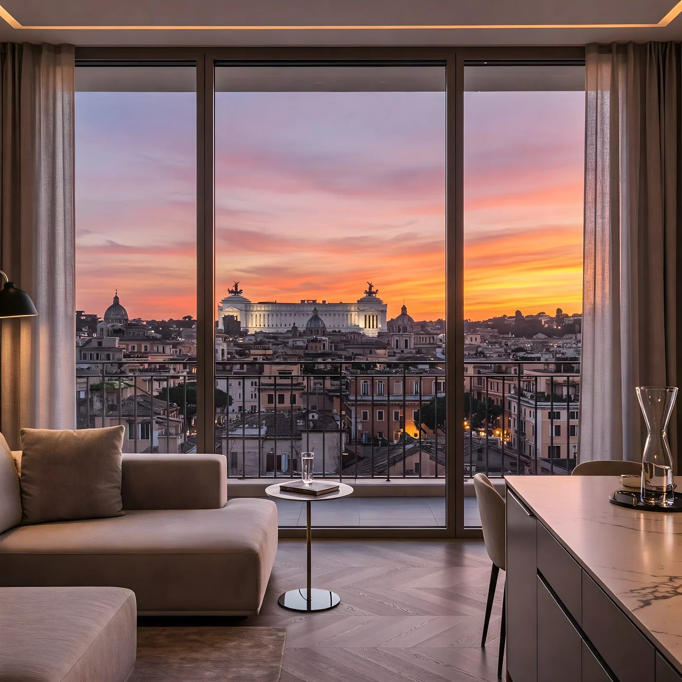 Render soggiorno al tramonto con vista sul Vittoriano e sui tetti di Roma — Simone Zaganelli Architetto