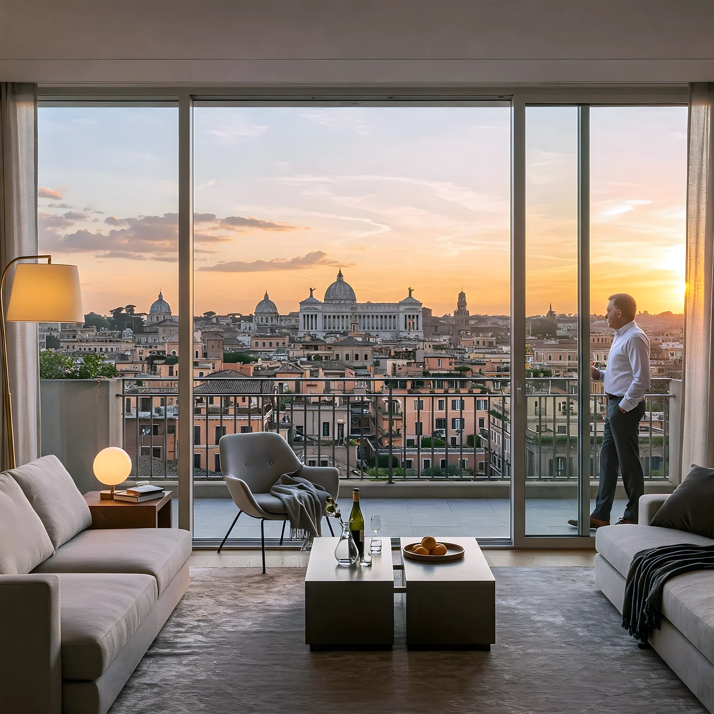 Render soggiorno con affaccio sui tetti di Roma al tramonto — Simone Zaganelli Architetto